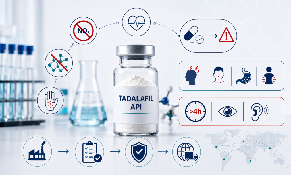 Safety Profile Every Formulation and Regulatory Team Should Reference Who should not take finished tadalafil products (per FDA labeling): Anyone taking any form of organic nitrate: co-administration is contraindicated due to potentiated, dangerous drops in blood pressure. [Source: FDA Cialis label, DailyMed] Anyone taking guanylate cyclase (GC) stimulators such as riociguat. [Source: FDA Cialis label] Anyone with a history of serious hypersensitivity to tadalafil. [Source: FDA Cialis label] Patients for whom sexual activity is inadvisable due to cardiovascular status. [Source: FDA Cialis label] Alpha-blockers were previously contraindicated alongside tadalafil; the FDA later replaced that contraindication with precautionary labeling, since combining two vasodilators can still lead to hypotension. [Source: FDA label change, Urology Times] Common adverse effects reported in clinical trials include headache, flushing, dyspepsia and back pain. Rare but serious risks include priapism (an erection lasting more than 4 hours) and sudden vision or hearing loss, both of which require immediate medical attention. [Source: FDA Cialis prescribing information] Note for exporters and content teams: this safety information is provided so B2B buyers and their regulatory/medical affairs staff understand the product they are sourcing. It should never be repurposed as dosing or usage advice for individual consumers, and export marketing should never suggest tadalafil products, whether branded or generic, can be purchased without a valid prescription and appropriate import authorization. Counterfeit or unverified "tadalafil API" offered outside documented, GMP-audited supply chains carries serious quality and legal risk for buyers.